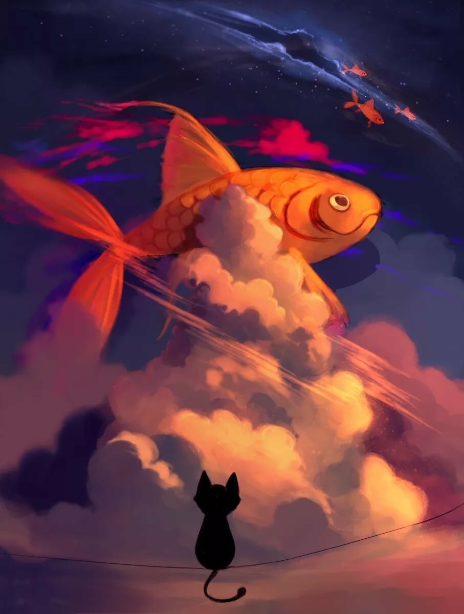 Котик и рыбка на небе