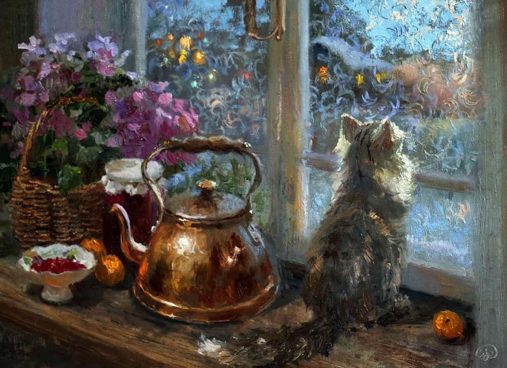 Кошка и морозное окошко